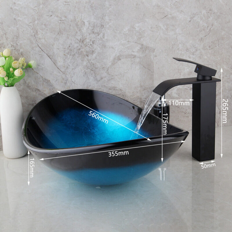 us oval blue bathroom vessel sink tempered glass basin bowl faucet mixer tap set