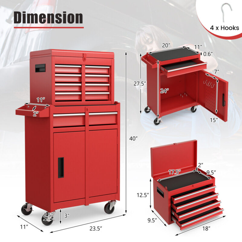 2 in 1 tool chest & cabinet with 5 sliding drawers rolling garage organizer red