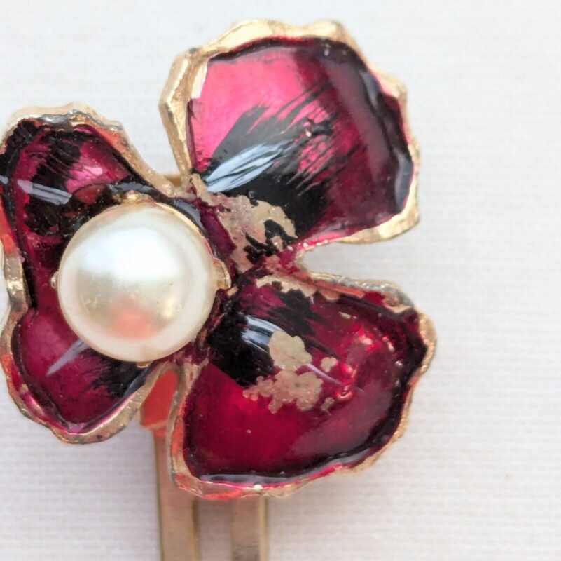 violet flower hair clip faux pearl enamel vintage up do wedding prom accessories