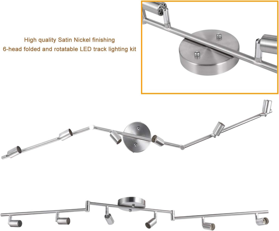 6 light adjustable dimmable track lighting kit, flexible foldable arms,satin nic