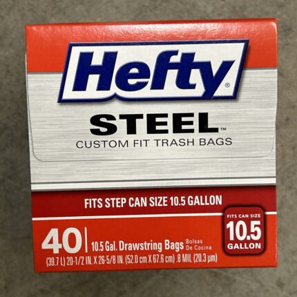 2 boxes of hefty steel custom fit trash bags, 40 drawstring bags, size 10.5 gal.