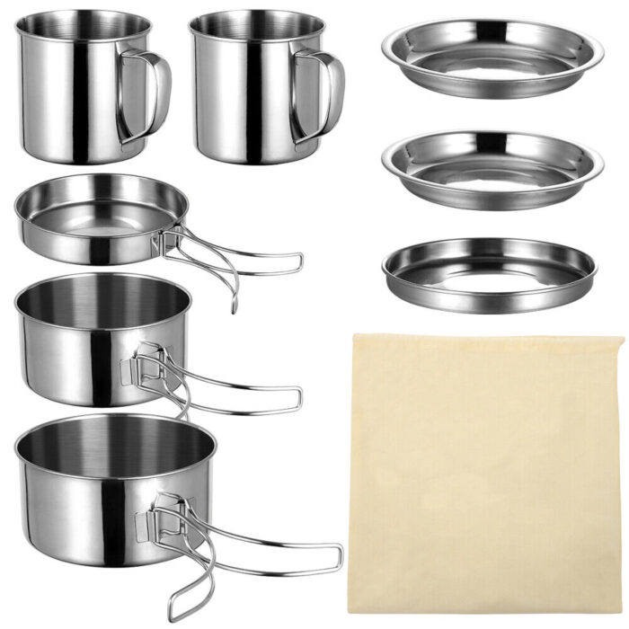 8pcs camping cookware mess kit stainless steel backpacking pot pan cup set new