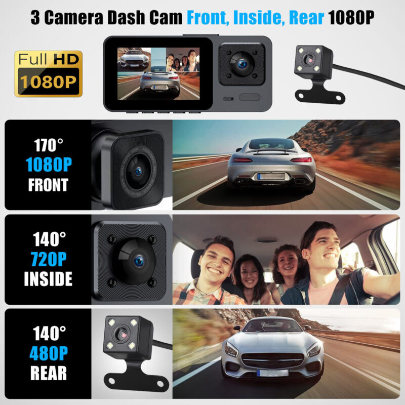 1080p hd dual lens car dash cam front/rear/inside video recorder camera g sensor